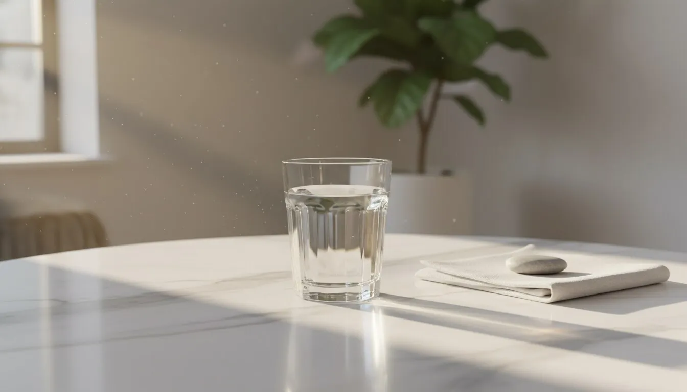 Vaso de agua sobre una mesa clara junto a una ventana